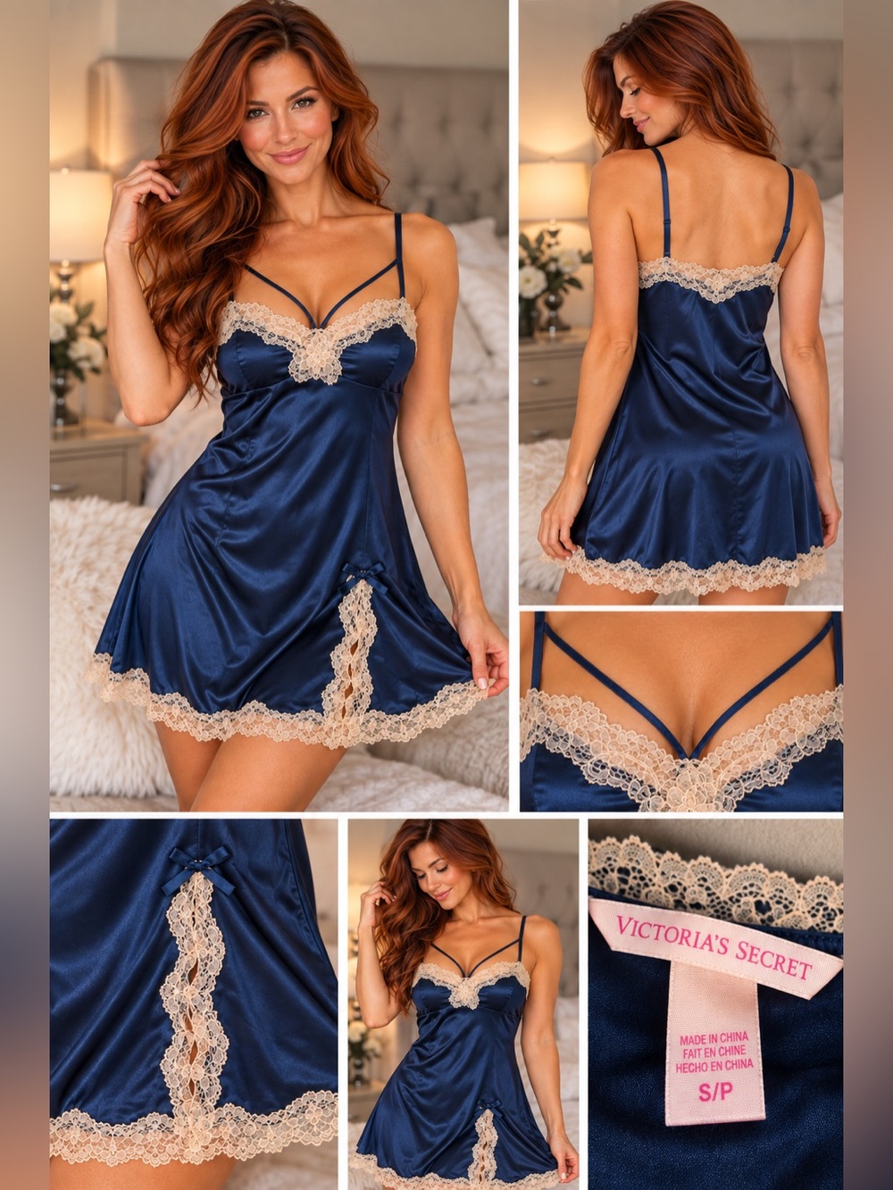 Victoria’s Secret Navy Satin Lace Chemise Slip Lingerie S NWOT